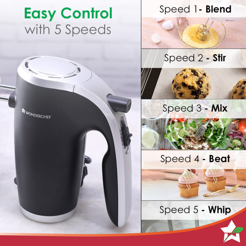 Wonderchef Renewed Onyx 5 Speed Electric Hand Mixer | 300W Powerful & Silent Copper Motor I Adjustable Slow Speed Start I Hand Blender | Stainless Steel Whisk Beaters and Dough Hooks | 1 Year Warranty - Image 4