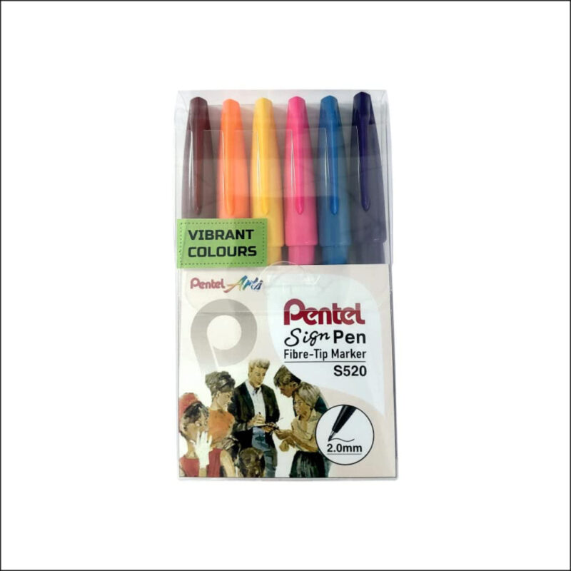 Pentel S520 2.0mm Fibre Tip Water Based Vibrant Colours Sign Pen - Multicolour, Pack of 6