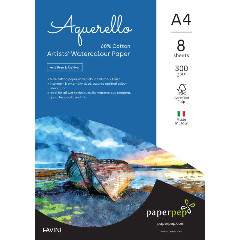 Paper Pep Artists' Aquerello 60% Cotton Watercolour Paper 300Gsm Cold Pressed A4 Pack Of 8
