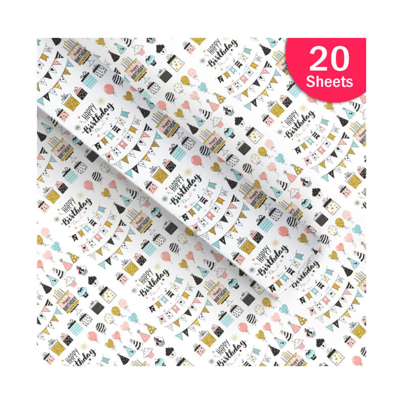 Paperpep White Birthday Print Gift Wrapping Paper 19"X29" Pack Of 20 Sheets For Gift Packing Birthday, Anniversary, Diwali, Christmas, All Occasions & Events, Crafts, Return Gifts