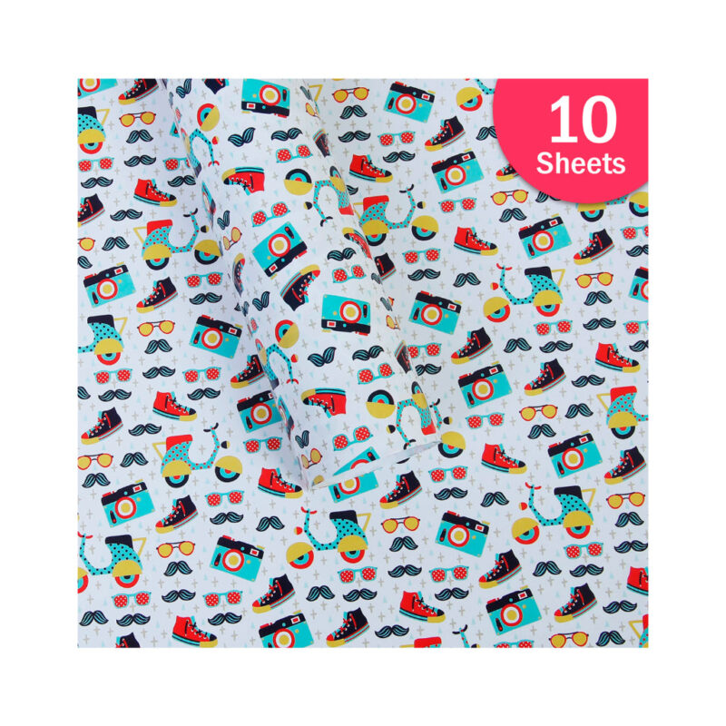 Paper Pep White Multiple Object Print Gift Wrapping Paper 19"X29" Pack Of 10 Sheets
