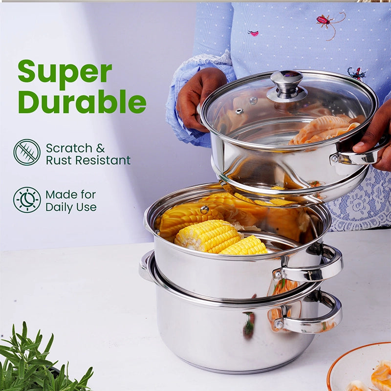 Tri-steel Multi Purpose Stainless Steel Steamer with Sandwich bottom | Vegetable Steamer | Khandvi/Modak/Momo Maker | Steaming Pot 1.42 Kg / 1.9 Kg, 2 Tier / 3 Tier - Image 7