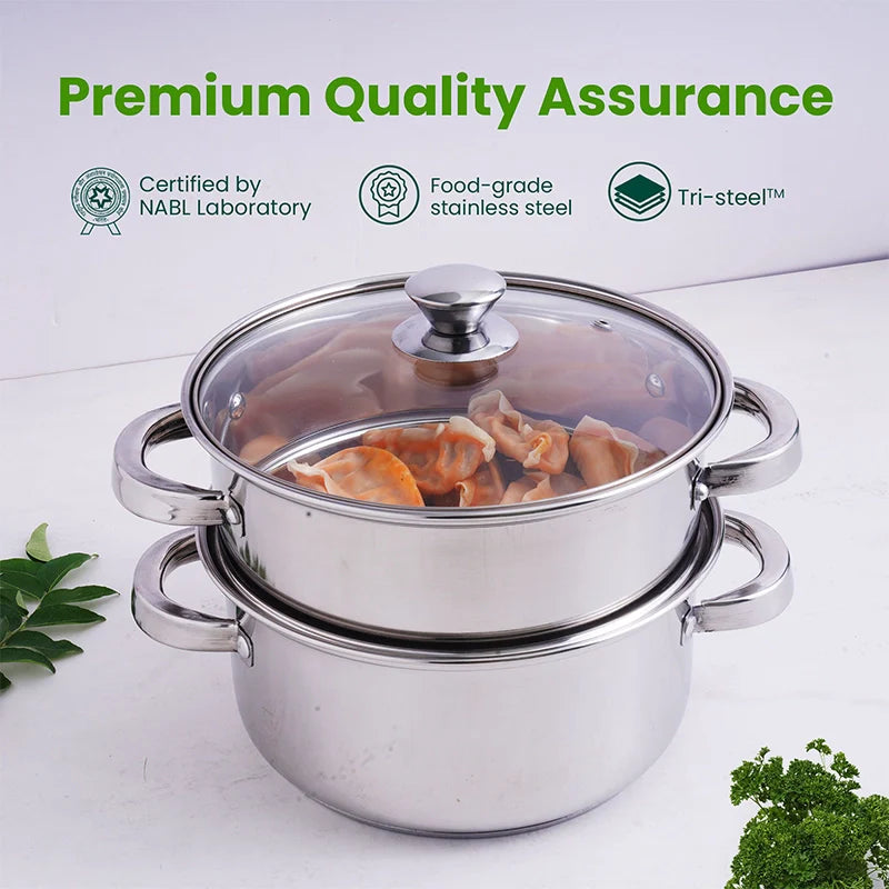Tri-steel Multi Purpose Stainless Steel Steamer with Sandwich bottom | Vegetable Steamer | Khandvi/Modak/Momo Maker | Steaming Pot 1.42 Kg / 1.9 Kg, 2 Tier / 3 Tier - Image 6