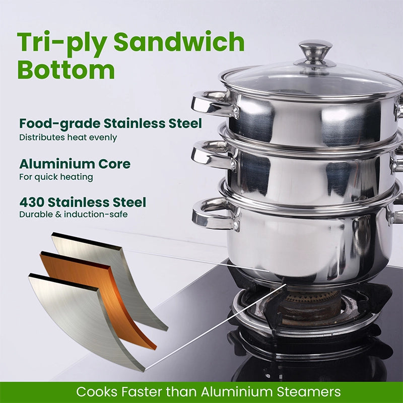Tri-steel Multi Purpose Stainless Steel Steamer with Sandwich bottom | Vegetable Steamer | Khandvi/Modak/Momo Maker | Steaming Pot 1.42 Kg / 1.9 Kg, 2 Tier / 3 Tier - Image 3