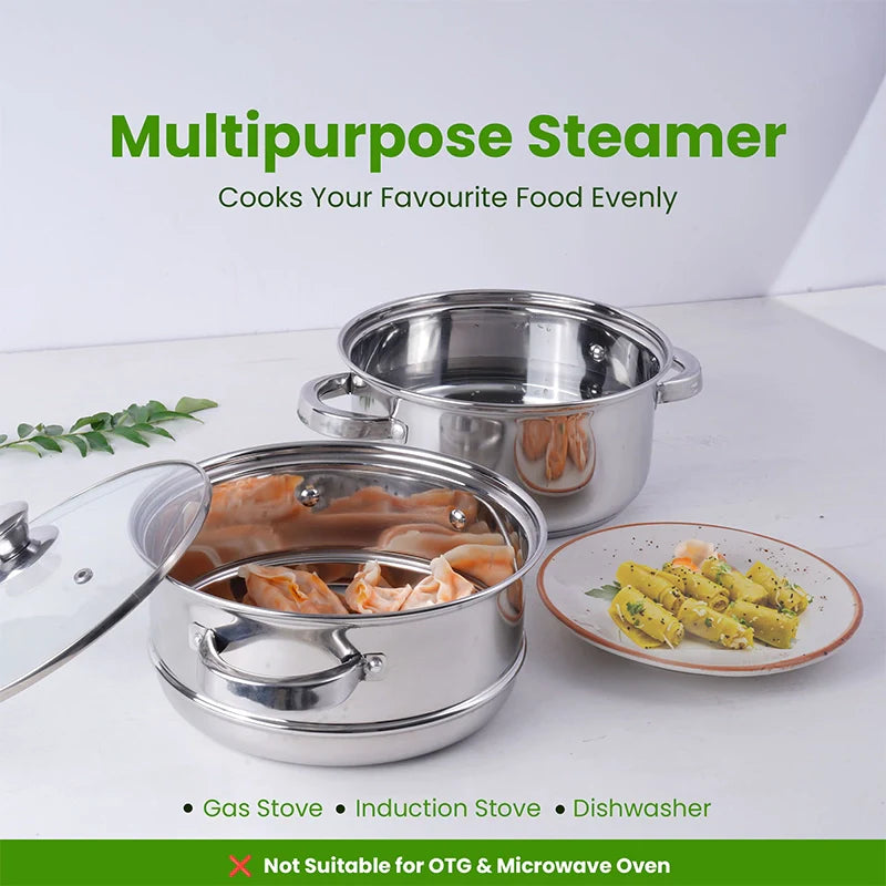 Tri-steel Multi Purpose Stainless Steel Steamer with Sandwich bottom | Vegetable Steamer | Khandvi/Modak/Momo Maker | Steaming Pot 1.42 Kg / 1.9 Kg, 2 Tier / 3 Tier - Image 9