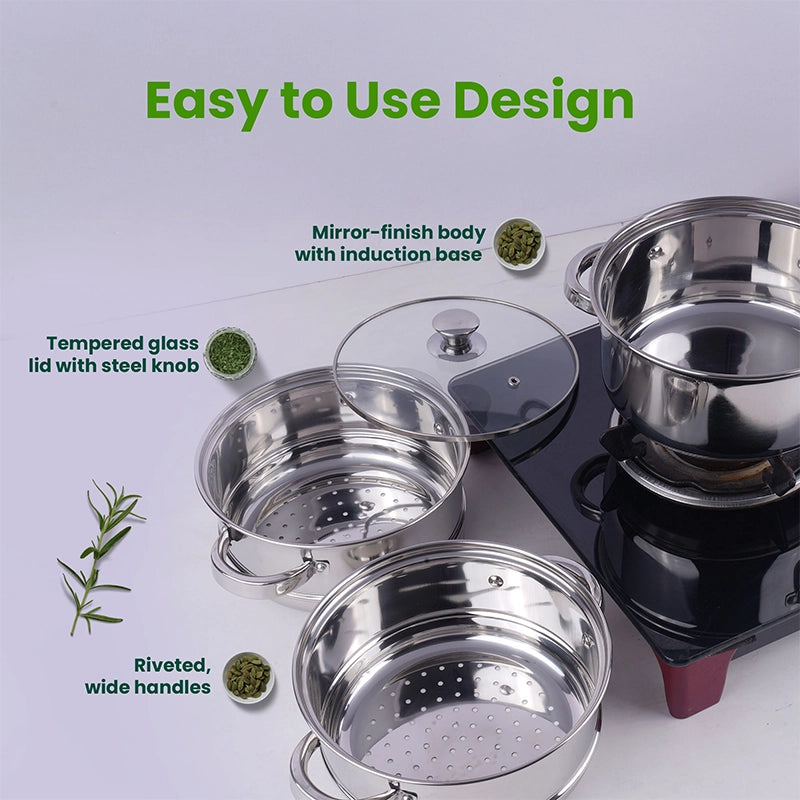 Tri-steel Multi Purpose Stainless Steel Steamer with Sandwich bottom | Vegetable Steamer | Khandvi/Modak/Momo Maker | Steaming Pot 1.42 Kg / 1.9 Kg, 2 Tier / 3 Tier - Image 10