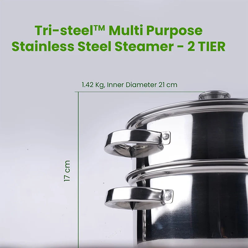 Tri-steel Multi Purpose Stainless Steel Steamer with Sandwich bottom | Vegetable Steamer | Khandvi/Modak/Momo Maker | Steaming Pot 1.42 Kg / 1.9 Kg, 2 Tier / 3 Tier
