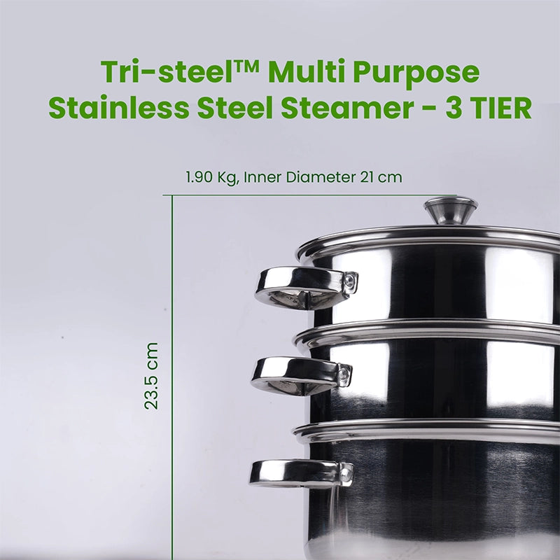 Tri-steel Multi Purpose Stainless Steel Steamer with Sandwich bottom | Vegetable Steamer | Khandvi/Modak/Momo Maker | Steaming Pot 1.42 Kg / 1.9 Kg, 2 Tier / 3 Tier - Image 2
