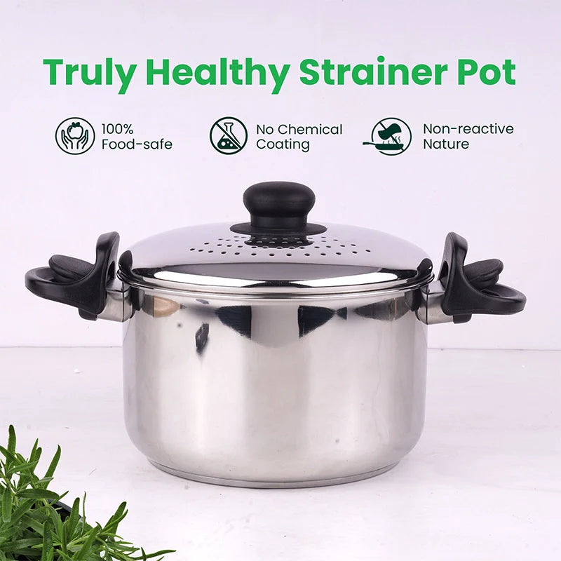 Tri-steel Stainless Steel Strainer Pot with Lockable Bakelite Handles | Sandwich bottom | Noodle Pot with Strainer Lid | Pasta Pot | Rice Strainer Pot 1.08 Kg / 19cm