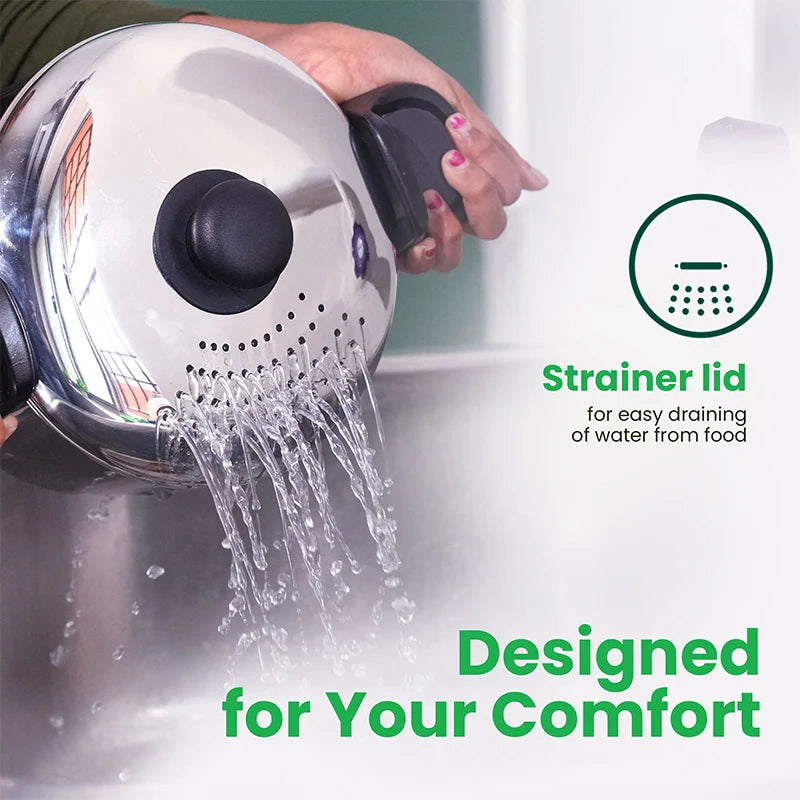 Tri-steel Stainless Steel Strainer Pot with Lockable Bakelite Handles | Sandwich bottom | Noodle Pot with Strainer Lid | Pasta Pot | Rice Strainer Pot 1.08 Kg / 19cm - Image 2