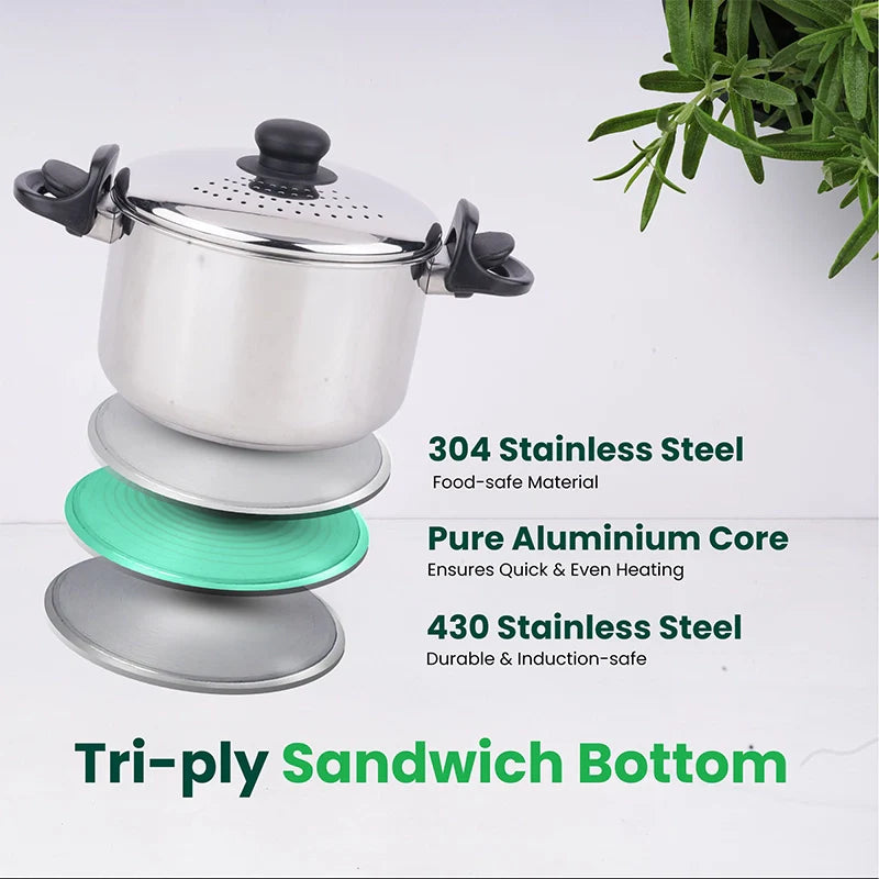 Tri-steel Stainless Steel Strainer Pot with Lockable Bakelite Handles | Sandwich bottom | Noodle Pot with Strainer Lid | Pasta Pot | Rice Strainer Pot 1.08 Kg / 19cm - Image 4