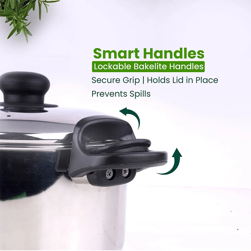 Tri-steel Stainless Steel Strainer Pot with Lockable Bakelite Handles | Sandwich bottom | Noodle Pot with Strainer Lid | Pasta Pot | Rice Strainer Pot 1.08 Kg / 19cm - Image 7