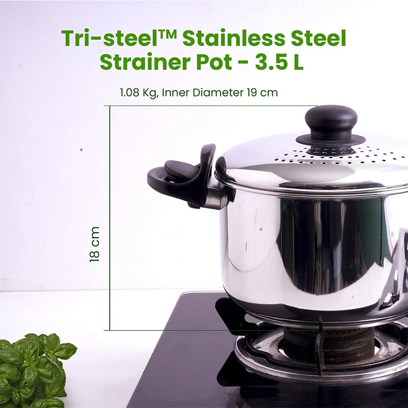 Tri-steel Stainless Steel Strainer Pot with Lockable Bakelite Handles | Sandwich bottom | Noodle Pot with Strainer Lid | Pasta Pot | Rice Strainer Pot 1.08 Kg / 19cm - Image 8