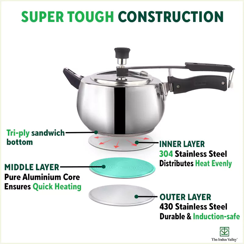 QuicKooker Stainless Steel Pressure Cooker, Premium Quality, Inner Lid, Tri-ply (3 Layer) Heavy Bottom, 100% Safe, ISI Certified, 5 Yr Warranty, Induction & Gas, 3/5L - Image 4
