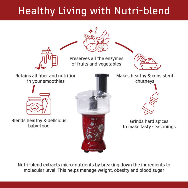 Nutri-blend BOLT-600W Mixer With Food Processor & Atta Kneader, Stronger & Swifter With Sipper Lid, 22000RPM 100% Full Copper Motor, 4 Unbreakable Jars, Sharper Steel Blades, 2 Yrs Warranty, Red, Recipe Book By Chef Sanjeev Kapoor - Image 3