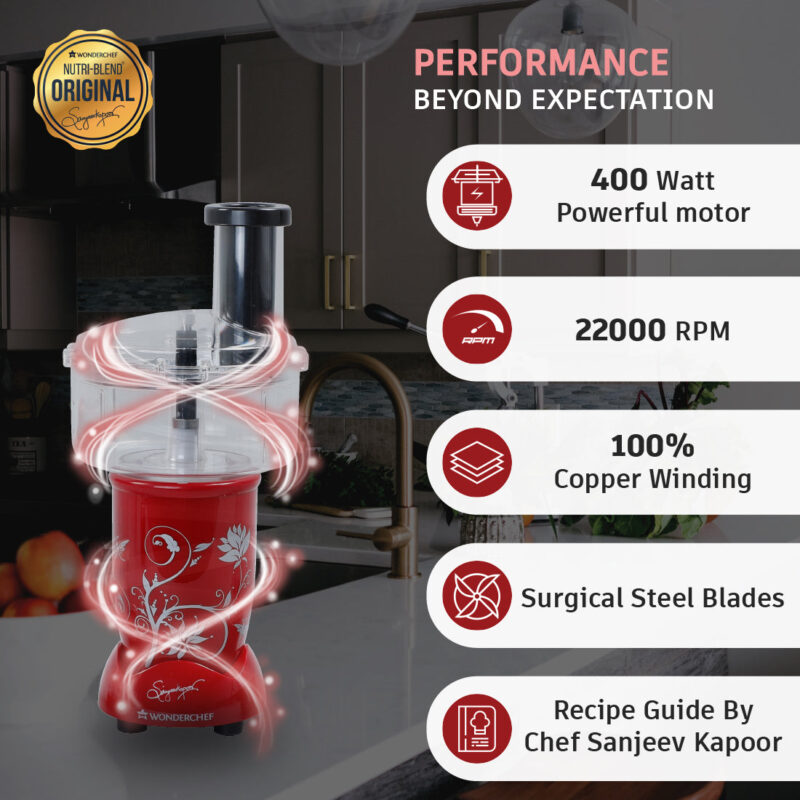 Nutri-blend Juicer, Mixer, Grinder, Smoothie Maker | Food Processor with Atta Kneader | 400W 22000 RPM 100% Full Copper Motor | SS Blades | 4 Unbreakable Jars | 2 Years Warranty | Recipe Book By Chef Sanjeev Kapoor | Red - Image 2