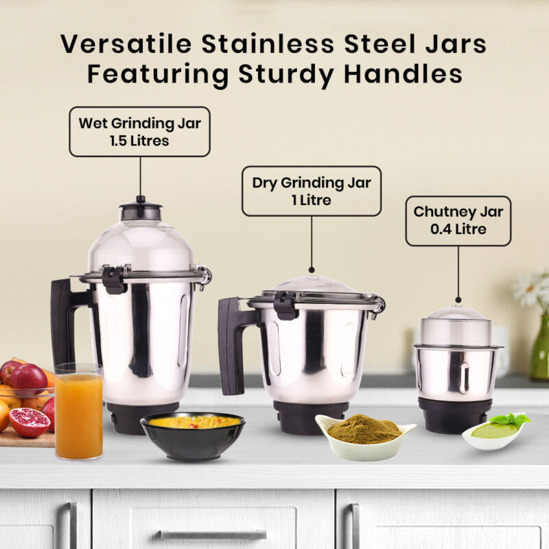 Wonderchef Renewed Regalia Mixer Grinder 750W, 230V~50Hz, 3 Stainless Steel Jars, Black, 1 Year Warranty - Image 2