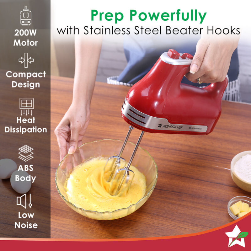 Wonderchef Renewed Crimson Edge 5 Speed Electric Hand Mixer | 300W Powerful Copper Motor | TurboSpeed I Adjustable Slow Speed Start I Hand Blender | Stainless Steel Whisk Beaters and Dough Hooks | 1 Year Warranty - Image 2