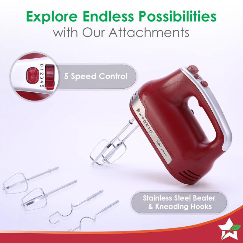 Crimson Edge 5 Speed Electric Hand Mixer | 300W Powerful Copper Motor | TurboSpeed I Adjustable Slow Speed Start I Hand Blender | Stainless Steel Whisk Beaters and Dough Hooks | 2 Years Warranty | Bakeware I Red - Image 3