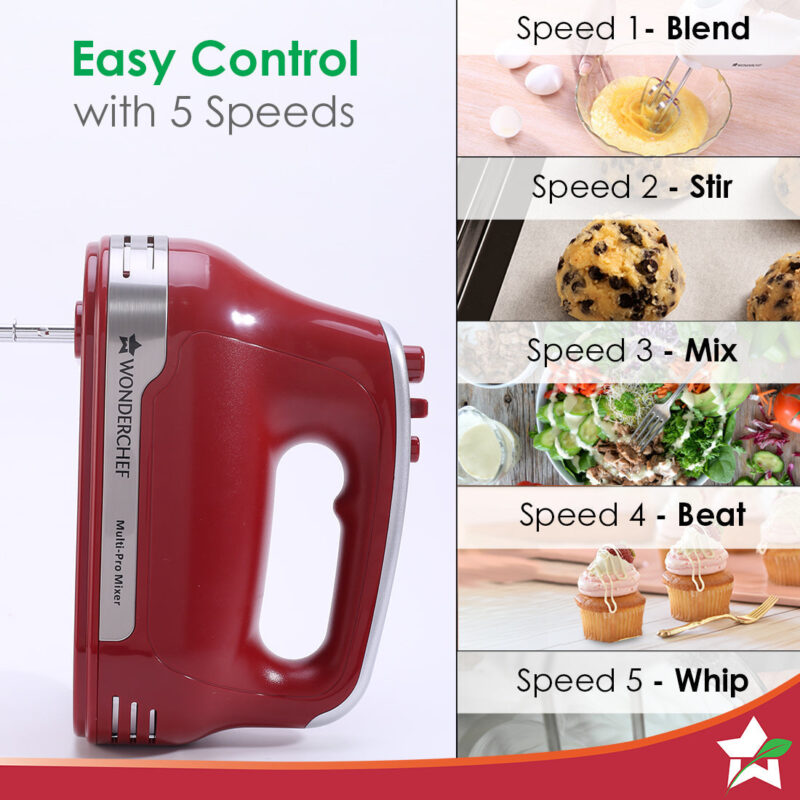 Crimson Edge 5 Speed Electric Hand Mixer | 300W Powerful Copper Motor | TurboSpeed I Adjustable Slow Speed Start I Hand Blender | Stainless Steel Whisk Beaters and Dough Hooks | 2 Years Warranty | Bakeware I Red - Image 4