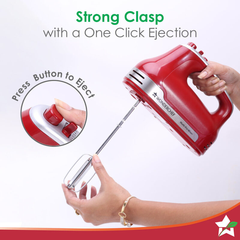 Wonderchef Renewed Crimson Edge 5 Speed Electric Hand Mixer | 300W Powerful Copper Motor | TurboSpeed I Adjustable Slow Speed Start I Hand Blender | Stainless Steel Whisk Beaters and Dough Hooks | 1 Year Warranty - Image 5
