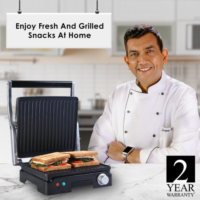 Sanjeev Kapoor Tandoor Family Size Plus| Electric Contact Grill & Sandwich Maker| 1800 Watt| Non-stick Grooves Healthy cooking | Super fast heating | 2 Year Warranty| Black & Silver - Image 6