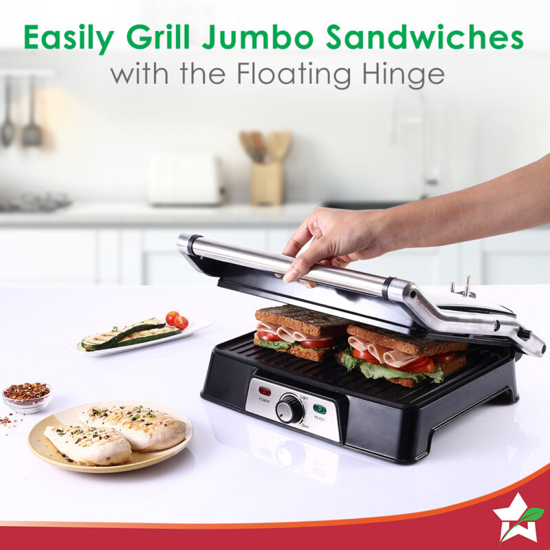 Sanjeev Kapoor Tandoor Professional| Electric Contact Grill & Sandwich Maker|3-in-1 Appliance|2000 Watt|180 Degree Grilling|Cool Touch Handle|LED Indicator|2 Year Warranty|Black & Silver - Image 2