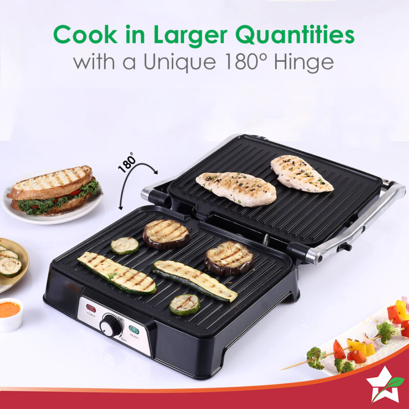 Sanjeev Kapoor Tandoor Professional| Electric Contact Grill & Sandwich Maker|3-in-1 Appliance|2000 Watt|180 Degree Grilling|Cool Touch Handle|LED Indicator|2 Year Warranty|Black & Silver - Image 4