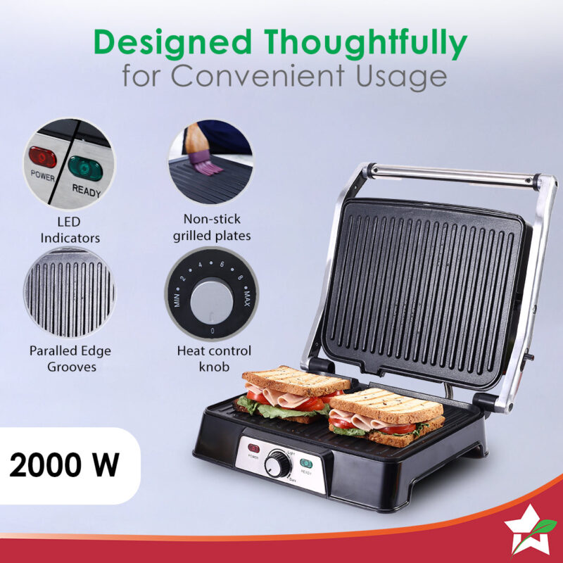 Sanjeev Kapoor Tandoor Professional| Electric Contact Grill & Sandwich Maker|3-in-1 Appliance|2000 Watt|180 Degree Grilling|Cool Touch Handle|LED Indicator|2 Year Warranty|Black & Silver - Image 5