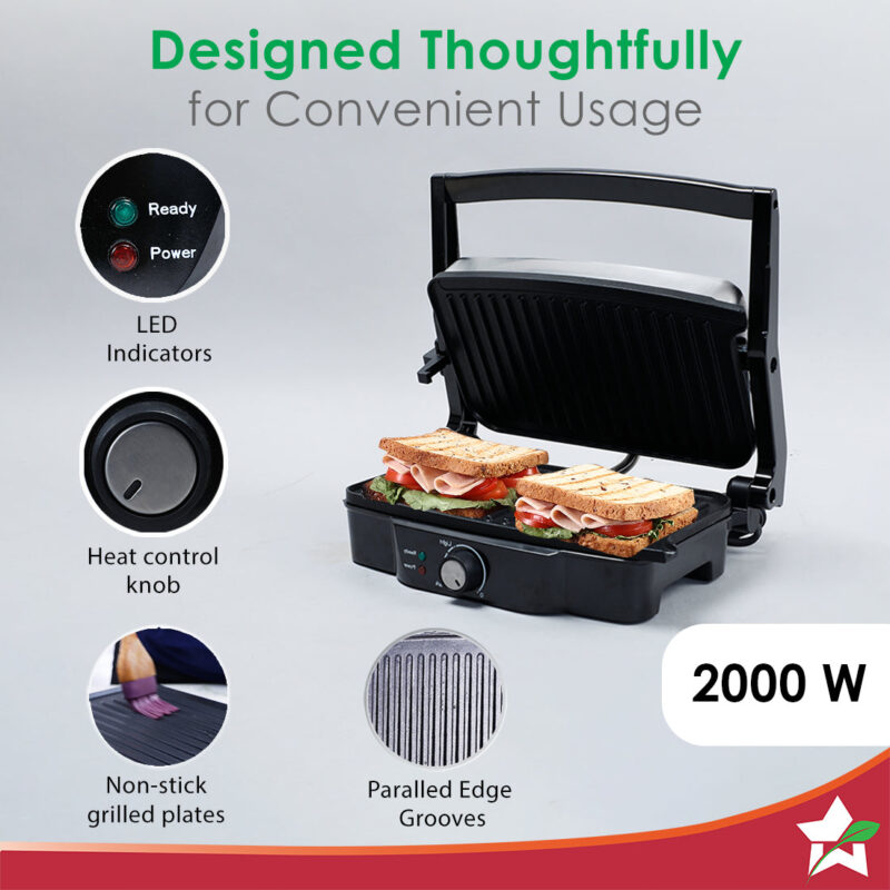 Sanjeev Kapoor Tandoor| Electric Contact Grill & Sandwich Maker |3-in-1 Appliance|1500 Watt|180 Degree Grilling|Cool Touch Handle|Auto Shut Off|LED Indicator|2 Year Warranty|Black & Silver - Image 5