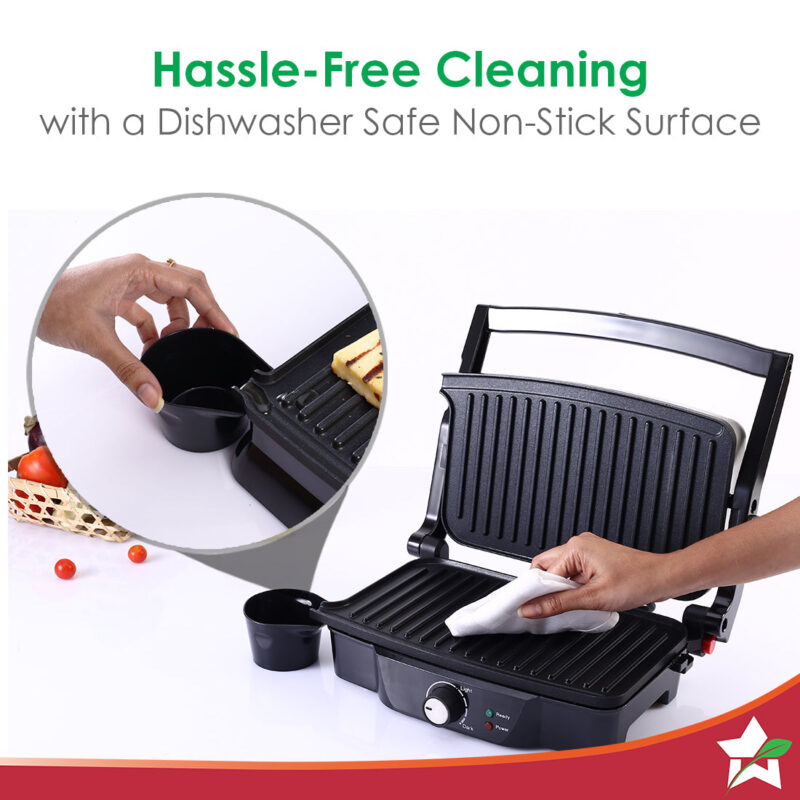 Sanjeev Kapoor Tandoor| Electric Contact Grill & Sandwich Maker |3-in-1 Appliance|1500 Watt|180 Degree Grilling|Cool Touch Handle|Auto Shut Off|LED Indicator|2 Year Warranty|Black & Silver - Image 6