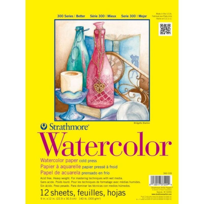 Strathmore 300 Series Watercolor 9''X12'' Natural White Medium & Smooth Grain 300 Gsm Paper, Short-Side Tape Bound Pad Of 12 Sheets