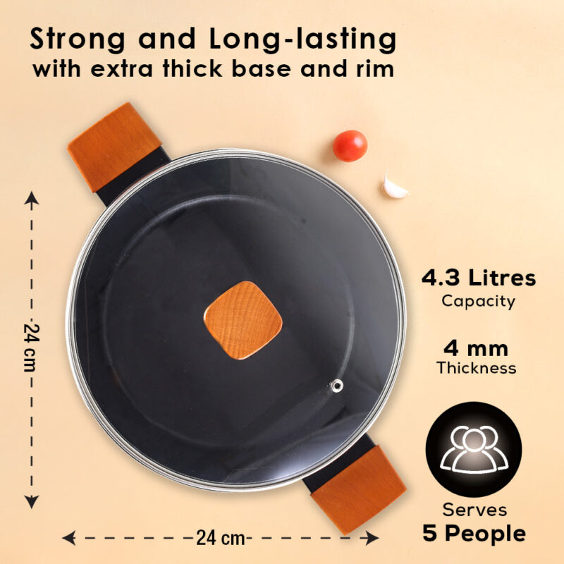 Caesar Forged Casserole with Glass Lid, 24cm, Black, Greblon C3 Non-stick Coating, Virgin Aluminium, PFOA Free, German Beechwood Handles, Use for Frying, Cooking Rice/Biryani, Gravies, Dal - Image 5