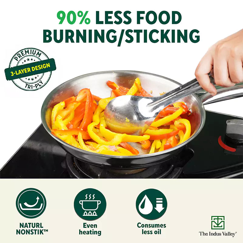 TurboCuk Tri-ply Stainless Steel Cookware Set: Kadai+ Frypan+ Tea/Milk pan, Premium Quality, 3 Layer Thick Body, 100% Toxin-free, Non-stick, Induction & Gas - Image 6