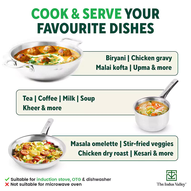 TurboCuk Tri-ply Stainless Steel Cookware Set: Kadai+ Frypan+ Tea/Milk pan, Premium Quality, 3 Layer Thick Body, 100% Toxin-free, Non-stick, Induction & Gas - Image 9