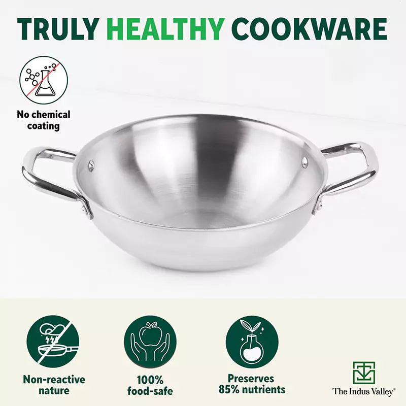TurboCuk Tri-ply Stainless Steel Cookware Set: Kadai+ Frypan+ Tea/Milk pan, Premium Quality, 3 Layer Thick Body, 100% Toxin-free, Non-stick, Induction & Gas - Image 2