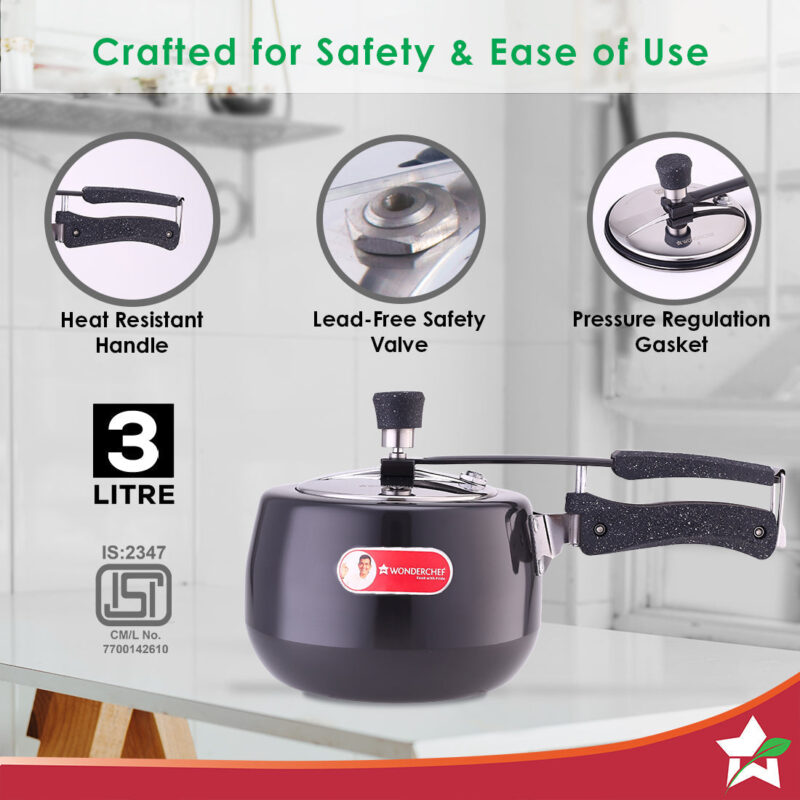 Taurus Hard Anodized 3L Inner Lid Pressure Cooker | Soft Touch Handles for Durability Induction Friendly | Black - Image 2