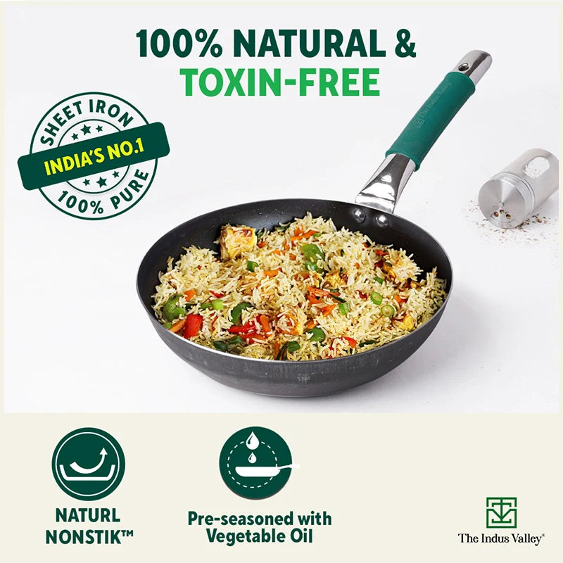 Ironklad 100% Pure Sheet Iron Frying pan, Steel Cool Touch Handle & Silicone Grip, Pre-seasoned, Toxin-free, Induction, 2/2.5 L, 25/30.8 Cm, 1.1/1.4 Kg - Image 5