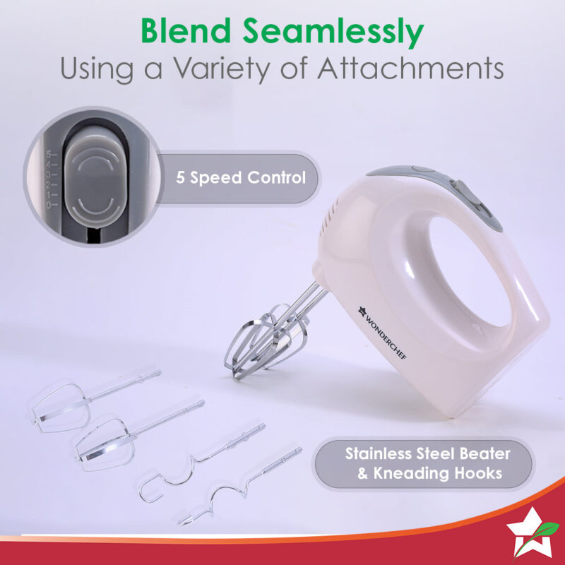 Ultima Plus Hand Mixer, 200W, 5 Speed Setting, Stainless Steel Beater and Kneading Hooks, 2 Years Warranty, White - Image 3