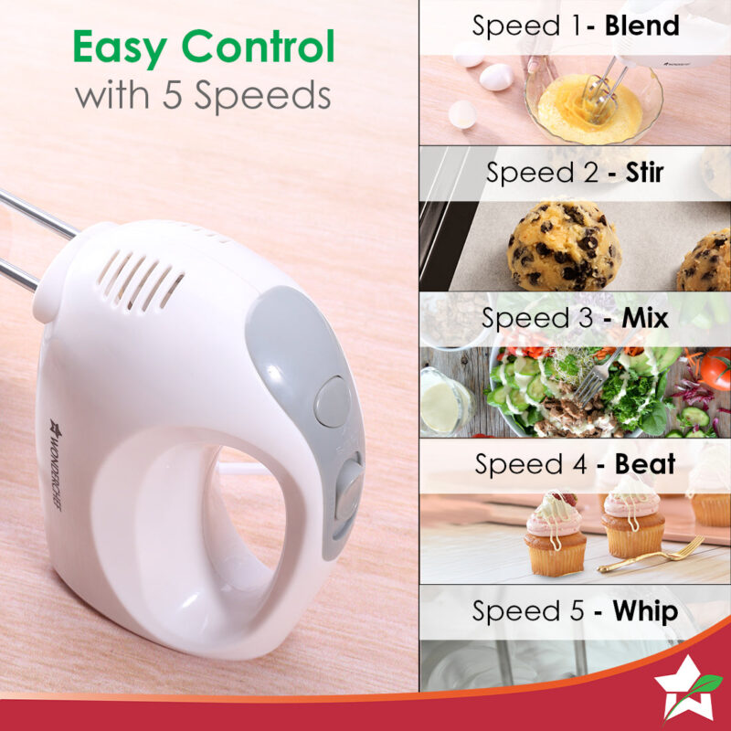 Ultima Plus Hand Mixer, 200W, 5 Speed Setting, Stainless Steel Beater and Kneading Hooks, 2 Years Warranty, White - Image 4