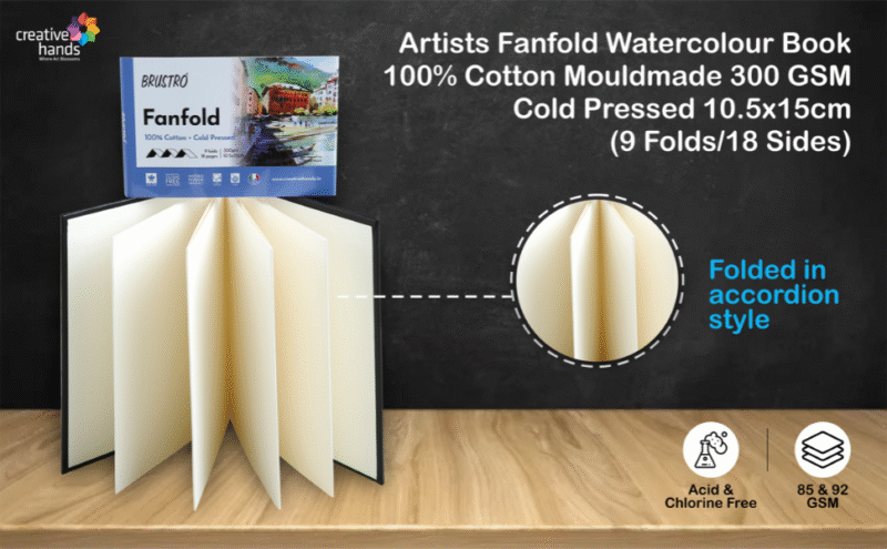 Brustro Artists Fanfold Watercolour Book 100% Cotton Mouldmade 300 GSM Cold Pressed 10.5x15cm.(9 Folds/18 Sides) - Image 2