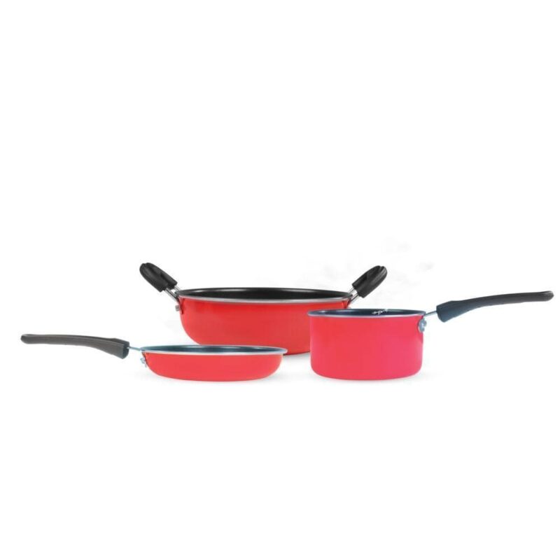 Little Samson Bachelor Non-stick Cookware Set, 3Pc (Wok, Sauce Pan, Fry Pan), Induction Friendly, Soft Touch Handle, Steel, 2 Years Warranty, Red - Image 12