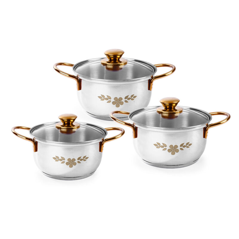 Gold Stanton Stainless Steel 3 piece Casserole Set with Glass Lid | Golden knobs and handles | Induction & Gas Stove friendly | Set of 3 (1.6L, 2.3L, 3.1L) | 1 Year Warranty - Image 5