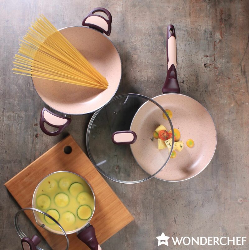 Burlington Nonstick Cookware Set, 5Pc (Wok with Lid, Sauce Pan With Lid, Fry Pan), Induction Bottom, Soft-touch Handles, Virgin Grade Aluminium, PFOA/Heavy Metals Free, 3mm, 2 Years Warranty, Maroon and Beige - Image 9