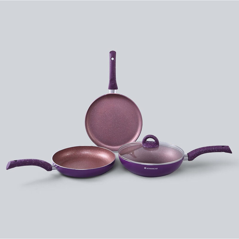 Granite Non-stick Cookware Set, 4Pc (Frying Pan With Lid, Wok, Dosa Tawa), Induction Bottom, Soft-Touch Handles, Pure Grade Aluminium, PFOA, 3.5mm, 2 Years Warranty, Purple - Image 12