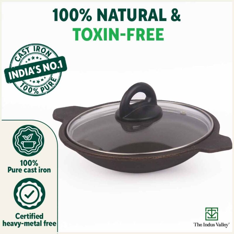 CASTrong Cast Iron Appam Pan/Appachetty, Glass Lid, Pre-seasoned, Nonstick, 100% Pure, Toxin-free, Induction, 22cm, 1.5kg - Image 5
