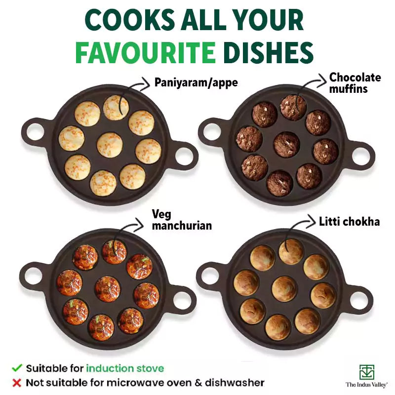 9 Pit/Cup CASTrong Cast Iron Paniyaram/Appe Pan+ Glass Lid, Pre-seasoned, Natural Nonstick, 100% Pure, Toxin-free, 21 cm, 2.7 kg - Image 11