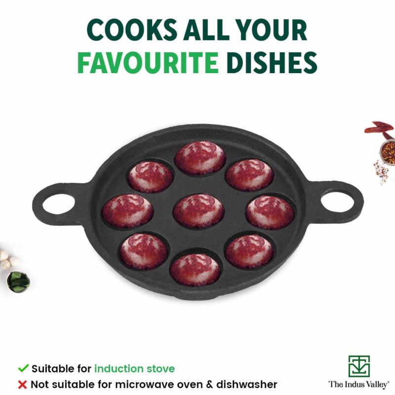 Super Smooth 9 Pit/Cup Cast Iron Paniyaram/Appe Pan+ Free Spatula, Pre-seasoned, Natural Nonstick, 100% Pure, Toxin-free, 21 cm, 2.8kg - Image 12