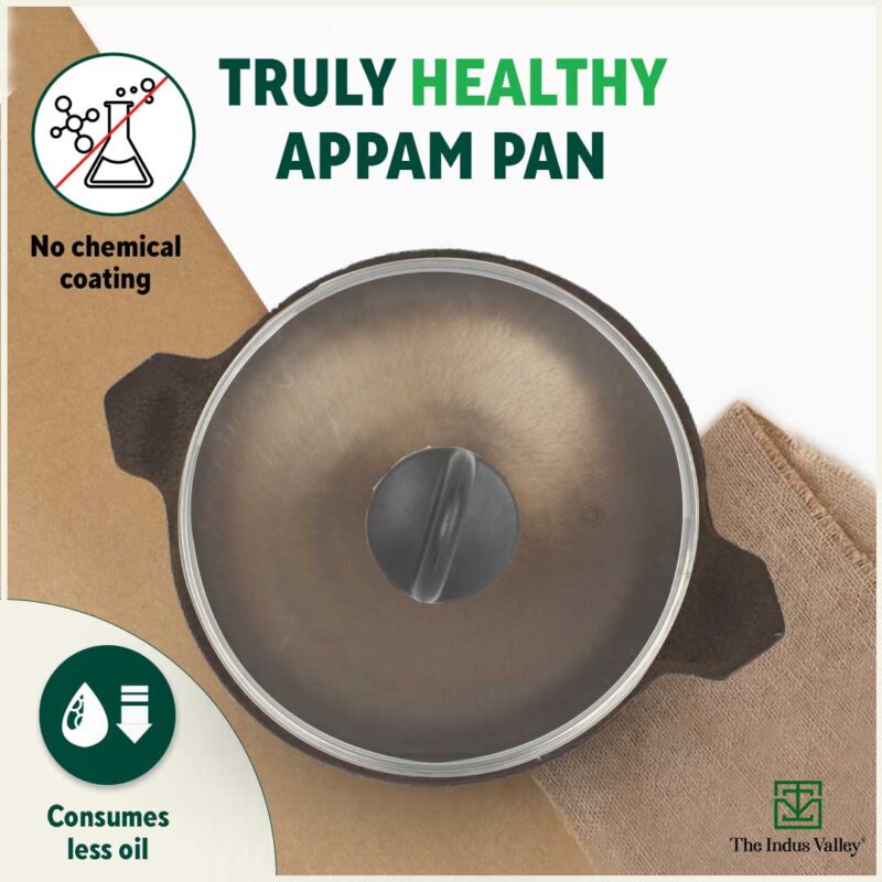 Super Smooth Cast Iron Appam Pan/Appachetty, Glass Lid,Pre-seasoned, Nonstick, 100% Pure, Toxin-free, 22cm, 1.9kg - Image 3