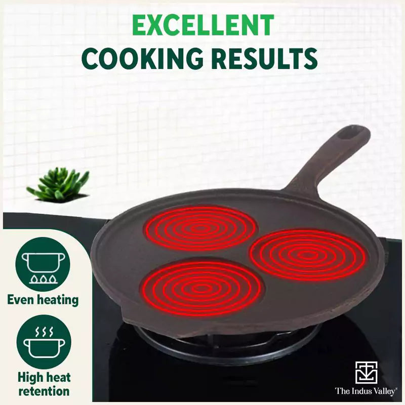 CASTrong Cast Iron Uttapam/ Set Dosa Tawa, 3 Pit, Pre-seasoned, 100% Pure, Toxin-free, Induction, 23cm - Image 8